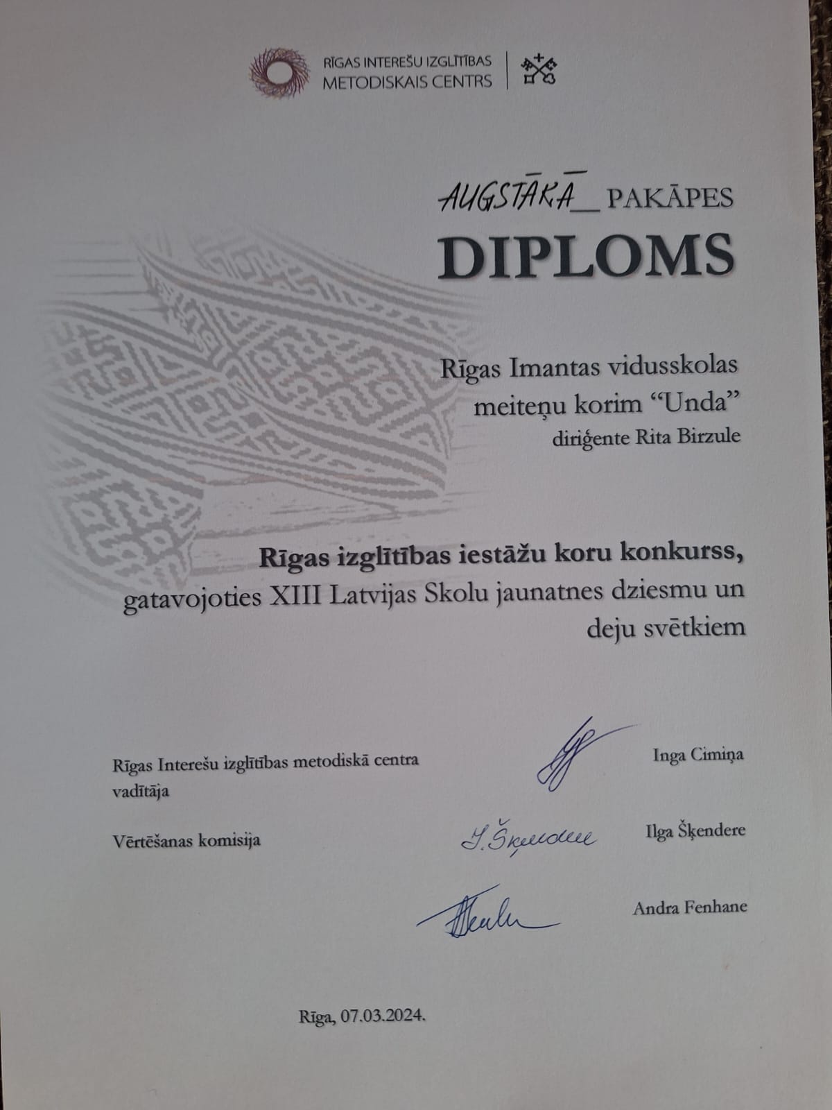 Augstākās pakāpes diploms Rīgas izglītības iestāžu koru konkursā